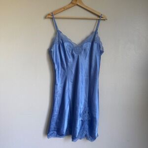 Vintage Delicates Blue Satin Slip Lace Trim Slip Dress Chemise M Periwinkle